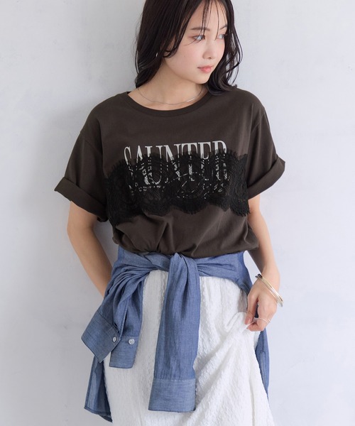 VIS（ビス）の「レースレイヤードロゴ半袖Tシャツ（Tシャツ/カットソー・レディース・ダークブラウン/サックスブルー/ホワイト・FREE）」の15枚目の写真