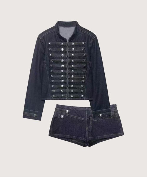 LA POMME petit(ラポミ・プチ)の「Cropped Rivet Denim Jacket With Short Pants/クロップドリベットデニムジャケットショートパンツ(セットアップ・レディース・ライトブルー/ダークブルー/ブルー/ダークグレー/ホワイト・X-SMALL/SMALL/MEDIUM/LARGE)」の5枚目の写真