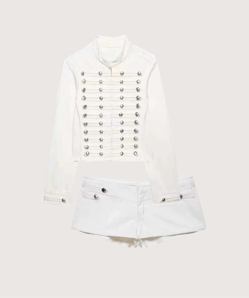 LA POMME petit(ラポミ・プチ)の「Cropped Rivet Denim Jacket With Short Pants/クロップドリベットデニムジャケットショートパンツ(セットアップ・レディース・ライトブルー/ダークブルー/ブルー/ダークグレー/ホワイト・X-SMALL/SMALL/MEDIUM/LARGE)」の2枚目の写真
