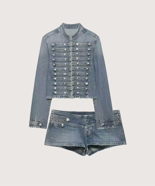 LA POMME petit(ラポミ・プチ)の「Cropped Rivet Denim Jacket With Short Pants/クロップドリベットデニムジャケットショートパンツ(セットアップ・レディース・ライトブルー/ダークブルー/ブルー/ダークグレー/ホワイト・X-SMALL/SMALL/MEDIUM/LARGE)」の4枚目の写真