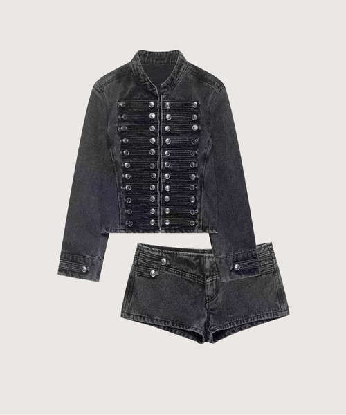 LA POMME petit(ラポミ・プチ)の「Cropped Rivet Denim Jacket With Short Pants/クロップドリベットデニムジャケットショートパンツ(セットアップ・レディース・ライトブルー/ダークブルー/ブルー/ダークグレー/ホワイト・X-SMALL/SMALL/MEDIUM/LARGE)」の3枚目の写真
