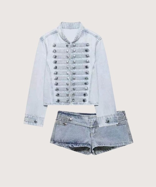 LA POMME petit(ラポミ・プチ)の「Cropped Rivet Denim Jacket With Short Pants/クロップドリベットデニムジャケットショートパンツ(セットアップ・レディース・ライトブルー/ダークブルー/ブルー/ダークグレー/ホワイト・X-SMALL/SMALL/MEDIUM/LARGE)」の1枚目の写真