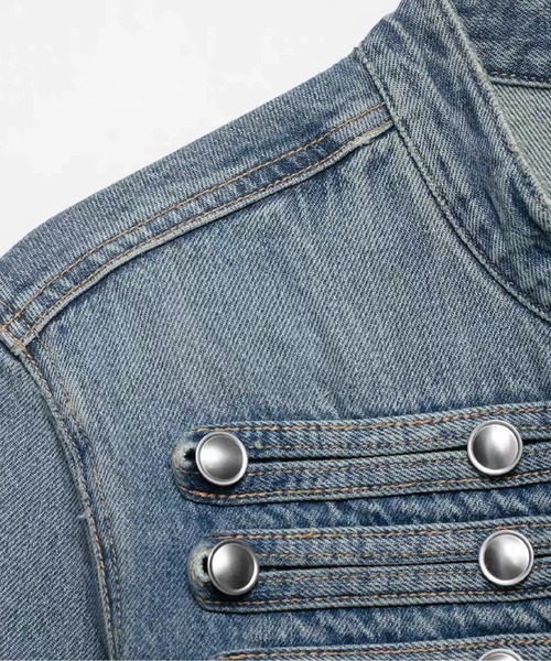 LA POMME petit(ラポミ・プチ)の「Cropped Rivet Denim Jacket With Short Pants/クロップドリベットデニムジャケットショートパンツ(セットアップ・レディース・ライトブルー/ダークブルー/ブルー/ダークグレー/ホワイト・X-SMALL/SMALL/MEDIUM/LARGE)」の6枚目の写真