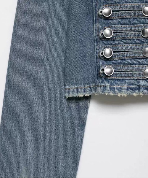 LA POMME petit(ラポミ・プチ)の「Cropped Rivet Denim Jacket With Short Pants/クロップドリベットデニムジャケットショートパンツ(セットアップ・レディース・ライトブルー/ダークブルー/ブルー/ダークグレー/ホワイト・X-SMALL/SMALL/MEDIUM/LARGE)」の9枚目の写真