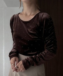 junoah（ジュノア）の「ギャザースリーブラインストーンベロアトップス（Tシャツ/カットソー）」