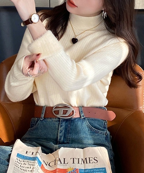ONEP STAR(ワンピスター)の「裏起毛ハイネックリブニットトップス(ニット/セーター・レディース・ブラック/ライトグレー/ホワイト/ベージュ/オートミール/ダークグレー・FREE)」の8枚目の写真