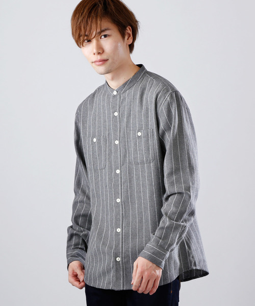 MONO-MART(モノマート)の「バンドカラーフランネルシャツ/ライトオンス(MONO-MART)(シャツ/ブラウス・メンズ・ボルドー/ブルー系その他/チャコール/グレー系その他/グレー/ネイビー/ブラウン/ブラック・M/L/XL)」の4枚目の写真