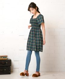 チェック柄シャーリングデザインバッククロスチュニックワンピース