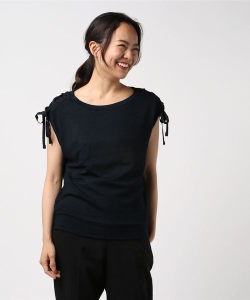 Te chichi TERRASSE(テチチテラス)の「サカリバ肩レースアップノースリ(Tシャツ/カットソー・レディース・ネイビー/ブラウン/オフホワイト・フリ-)」の1枚目の写真