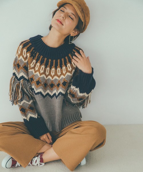 haco!(ハコ)の「【スザンヌさんコラボ】フリンジアクセントのノルディックニット by LOVE&PEACE PROJECT(ニット/セーター)」|グレー系その他