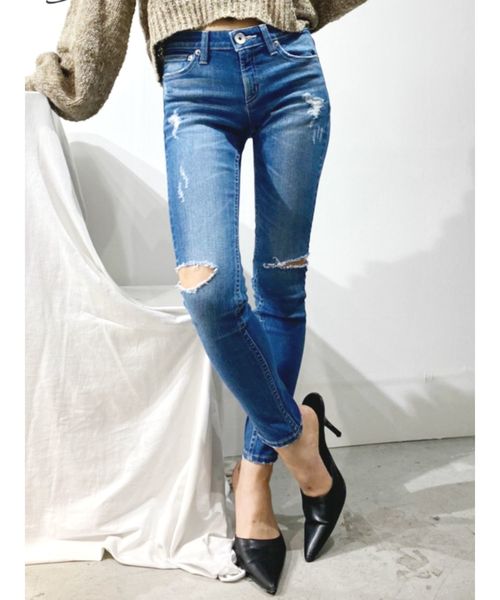 GYDA（ジェイダ）の「SIDE KNEE RIPPED スリットスキニーデニムパンツ 