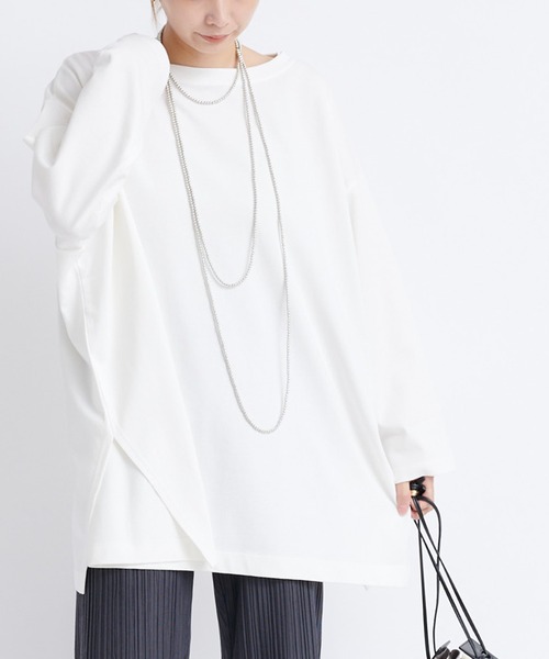 DouDou（ドゥドゥ）の「ワイドチュニックT（Tシャツ/カットソー・レディース・ベージュ/チャコールグレー/オフホワイト・FREE）」の2枚目の写真