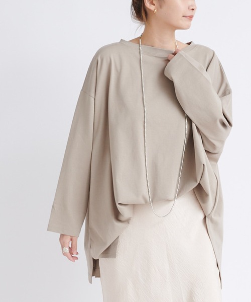 DouDou（ドゥドゥ）の「ワイドチュニックT（Tシャツ/カットソー・レディース・ベージュ/チャコールグレー/オフホワイト・FREE）」の12枚目の写真