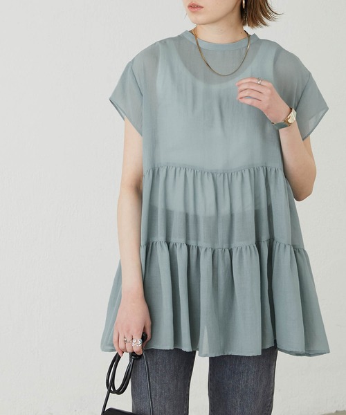 BONLECILL(ボンルシール)の「ふんわりガーゼ 半袖シアーティアードブラウス(シャツ/ブラウス・レディース・ブラック/ブラウン/オフホワイト/サックスブルー・FREE)」の4枚目の写真