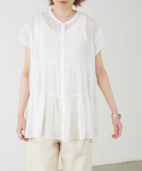 BONLECILL(ボンルシール)の「ふんわりガーゼ 半袖シアーティアードブラウス(シャツ/ブラウス・レディース・ブラック/ブラウン/オフホワイト/サックスブルー・FREE)」の7枚目の写真