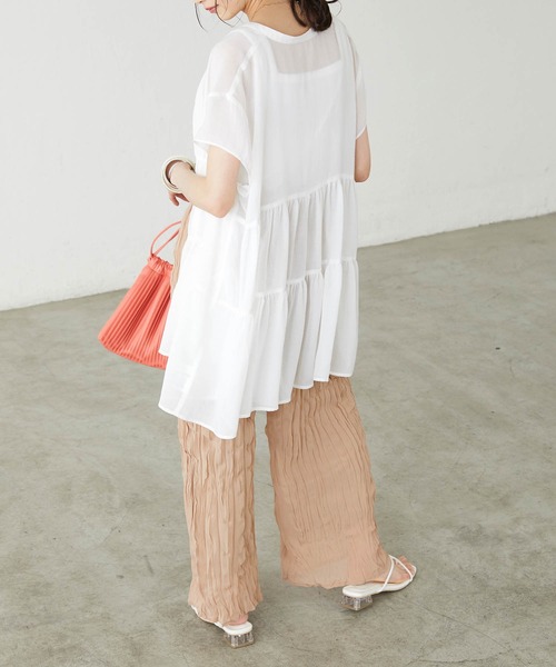 BONLECILL(ボンルシール)の「ふんわりガーゼ 半袖シアーティアードブラウス(シャツ/ブラウス・レディース・ブラック/ブラウン/オフホワイト/サックスブルー・FREE)」の13枚目の写真