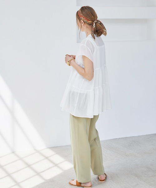 BONLECILL(ボンルシール)の「ふんわりガーゼ 半袖シアーティアードブラウス(シャツ/ブラウス・レディース・ブラック/ブラウン/オフホワイト/サックスブルー・FREE)」の10枚目の写真