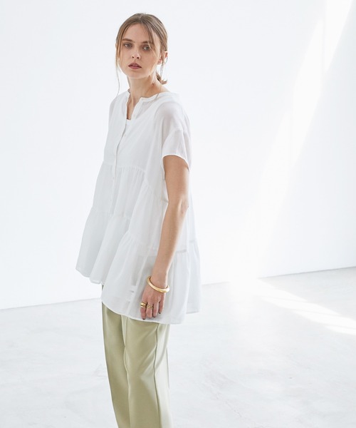 BONLECILL(ボンルシール)の「ふんわりガーゼ 半袖シアーティアードブラウス(シャツ/ブラウス・レディース・ブラック/ブラウン/オフホワイト/サックスブルー・FREE)」の5枚目の写真