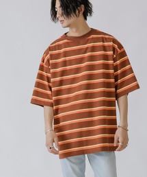 Beno | レトロボーダー ワイドモックネック ルーズシルエット Tシャツ(Tシャツ/カットソー)