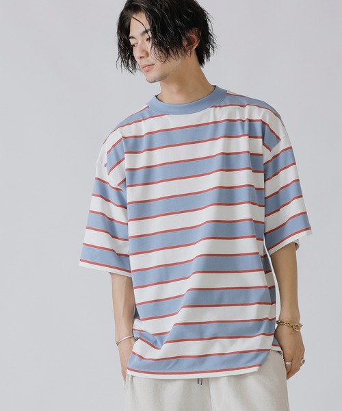 Beno(ビーノ)の「レトロボーダー ワイドモックネック ルーズシルエット Tシャツ(Tシャツ/カットソー・メンズ・ネイビー/オレンジ/ブラウン/グリーン/サックスブルー/オフホワイト・M/L)」の6枚目の写真