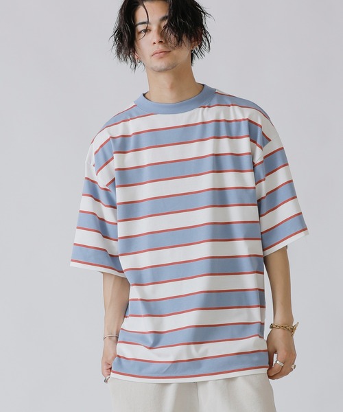 Beno(ビーノ)の「レトロボーダー ワイドモックネック ルーズシルエット Tシャツ(Tシャツ/カットソー・メンズ・ネイビー/オレンジ/ブラウン/グリーン/サックスブルー/オフホワイト・M/L)」の10枚目の写真