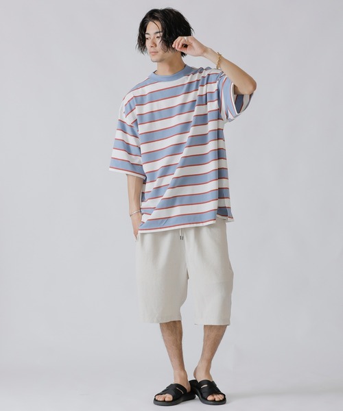 Beno(ビーノ)の「レトロボーダー ワイドモックネック ルーズシルエット Tシャツ(Tシャツ/カットソー・メンズ・ネイビー/オレンジ/ブラウン/グリーン/サックスブルー/オフホワイト・M/L)」の11枚目の写真