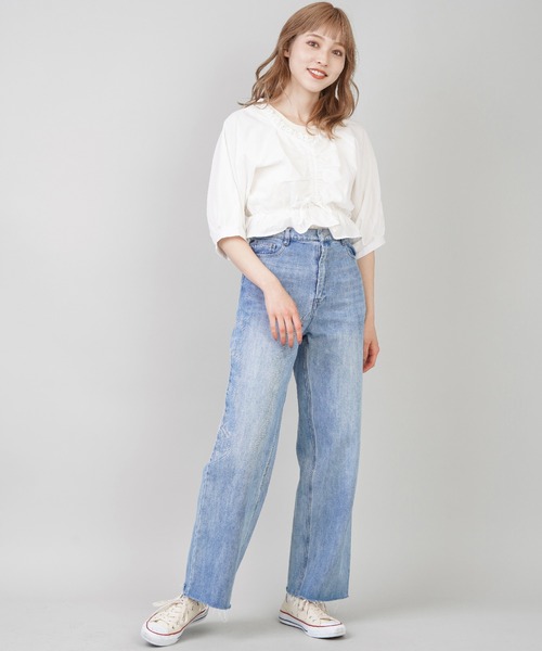 SPINNS（スピンズ）の「Ｖネックフリルギャザーレースブラウス（シャツ/ブラウス・レディース・ブラック/オフホワイト・ONESIZE）」の7枚目の写真