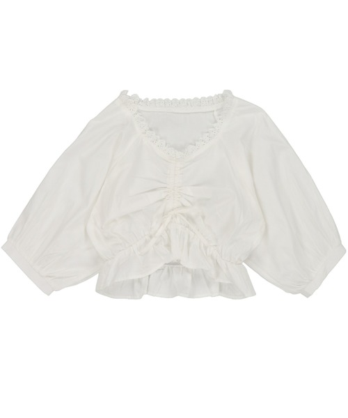 SPINNS（スピンズ）の「Ｖネックフリルギャザーレースブラウス（シャツ/ブラウス・レディース・ブラック/オフホワイト・ONESIZE）」の8枚目の写真