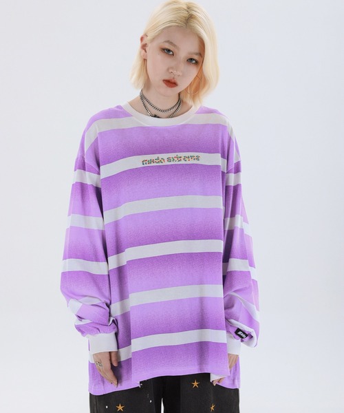Ressaca（レサーカ）の「オーバーサイズ 刺繍入りボーダーロンT（Tシャツ/カットソー・レディース・パープル/グリーン・L/M/XL）」の2枚目の写真