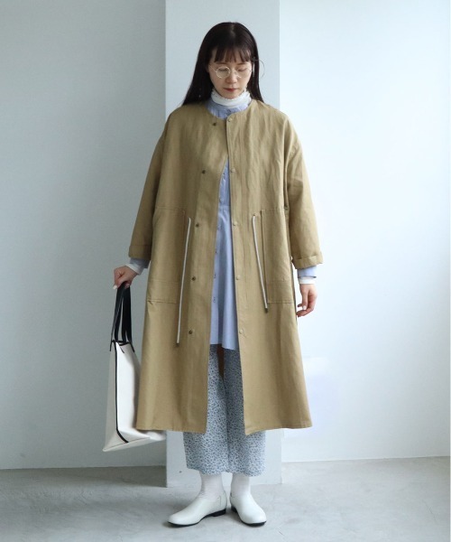 yuni ノーカラー コート　ロング　綿麻　コットンリネン　ユニ yuni（ユニ ）の「コットン/リネン 楊柳 stripe haori（ノー