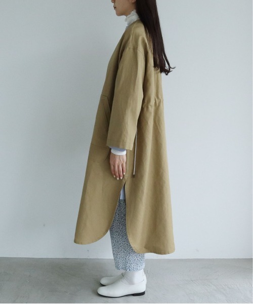 yuni ユニ ロングコート ノーカラー コットンリネン ベージュ系 綿麻 yuni（ユニ ）の「コットン/リネン 楊柳 stripe haori（ノーカラー