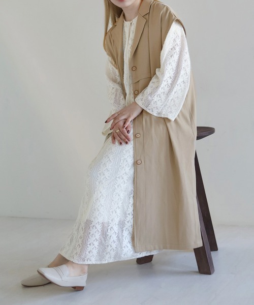 Bab(バブ)の「【セットアップ対応】ウエスト切替ロングジレ(ベスト・レディース・ライトグリーン/アイボリー・M)」の14枚目の写真