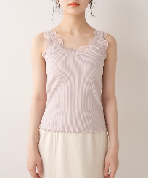 OLIVE des OLIVE（オリーブデオリーブ）の「ダブルフロントレースタンク（タンクトップ・レディース・オフホワイト/ブラック/グレイッシュベージュ・FREE）」の4枚目の写真