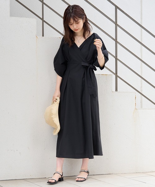 natural couture（ナチュラルクチュール）の「春夏に着たい大人上品な1着 綿麻カシュクール風ランタンワンピース（ワンピース・レディース・ブラック/モカ/グリーン/ブルー/ドット・FREE）」の9枚目の写真