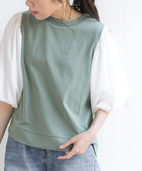 rps(アールピーエス)の「ボリューム袖布帛切替カットプルオーバー(Tシャツ/カットソー・レディース・ブラック/グリーン/アイボリー・フリー)」の2枚目の写真