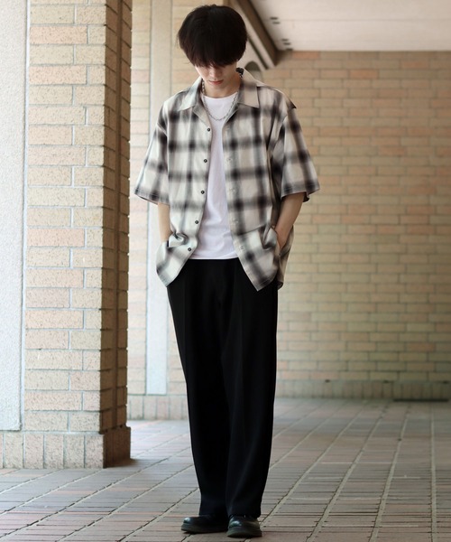 セール】Ombre check Oversize open Collar shirt/オンブレ