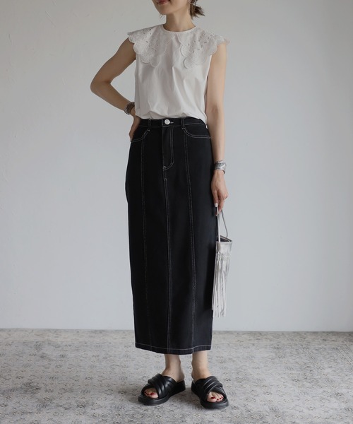 Bonjour Sagan（ボンジュールサガン）の「ステッチタイトデニムスカート（デニムスカート・レディース・ブラック/ブルー/アイボリー・FREE）」の9枚目の写真