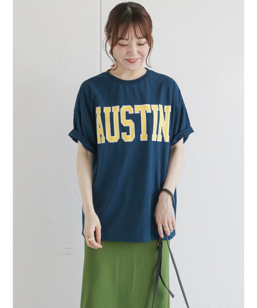 ehka sopo（エヘカソポ）の「カレッジロゴTシャツ（Tシャツ/カットソー・レディース・ネイビー/オフホワイト/イエロー/グリーン・ﾌﾘ-）」の3枚目の写真