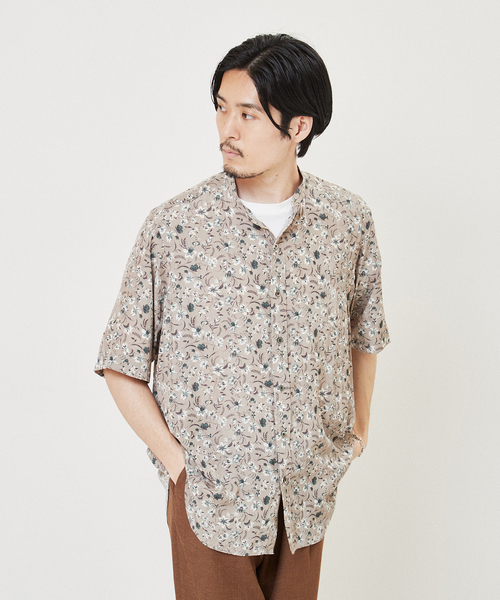 LA BOUCLE 　デシン バンドカラー パターン 半袖シャツ セール】【LA BOUCLE / ラブークル】デシン バンドカラー