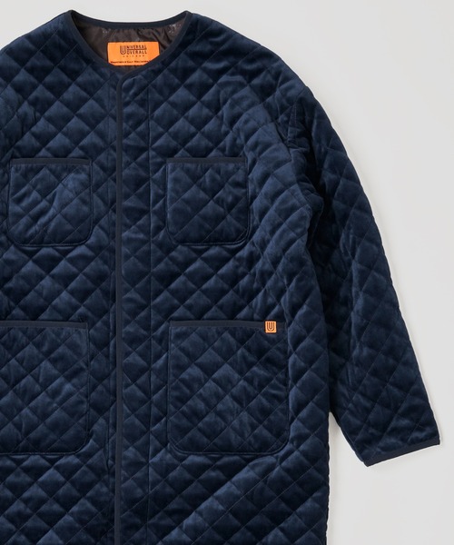 UNIVERSAL OVERALL(ユニバーサルオーバーオール)の「【UNIVERSAL OVERALL】QUILT VELOR COAT / キルティング中綿ベロアコート(ダウンジャケット/コート・レディース・ネイビー/ブラック・MEDIUM/LARGE)」の2枚目の写真
