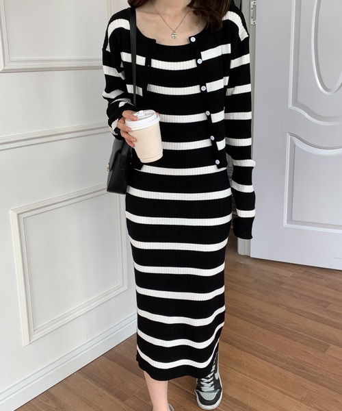 ECLIN（エクラン）の「ボーダー＆無地カーディガンセットリブニットキャミワンピース（ワンピース・レディース・ブラック/ブラック系その他/ベージュ/ベージュ系その他・FREE）」の22枚目の写真