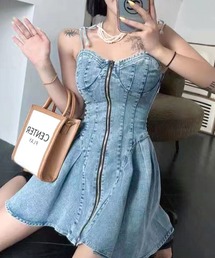 センターZIPデニムキャミワンピース