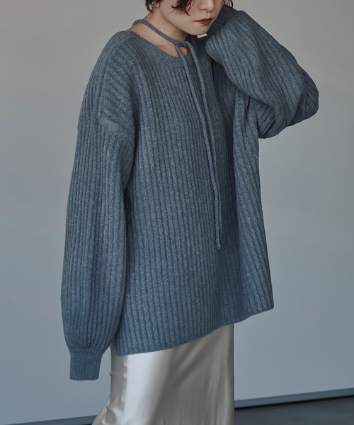 Ezick(エジック)の「2way choker オーバーニット(ニット/セーター・レディース・ライトグレー/ブルー/ブラック×グリーン・FREE)」の22枚目の写真