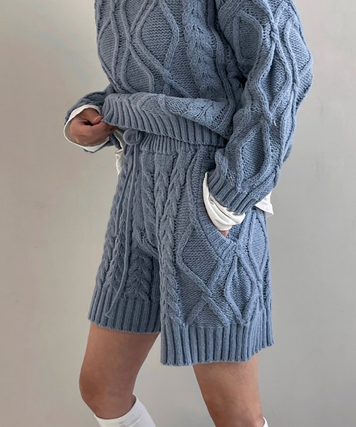 Girly Doll(ガーリードール)の「2点セットアップニット ケーブル編みニット&ショートパンツ(セットアップ・レディース・ブラック/ブルー/グレー/ブラウン/ベージュ・FREE)」の22枚目の写真
