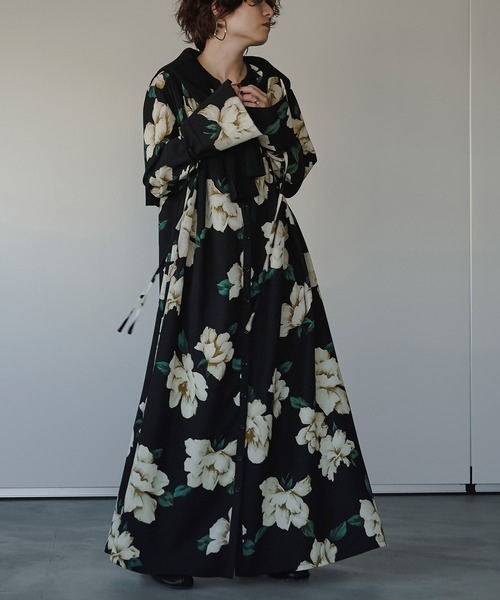 Ezick(エジック)の「Wrapping cuffs flower シャツワンピース(シャツワンピース・レディース・ブラック/ベージュ・FREE)」の7枚目の写真