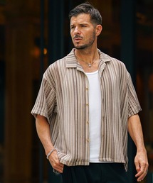 SOMEDIFF（サムディフ）の「【SOMEDIFF】メッシュストライプオープンカラー半袖シャツ メンズ レースシアー ルーズシルエット トップス オーバーサイズ 無地 秋服（シャツ/ブラウス・メンズ）」