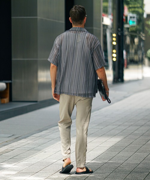 SOMEDIFF(サムディフ)の「【SOMEDIFF】メッシュストライプオープンカラー半袖シャツ メンズ レースシアー ルーズシルエット トップス オーバーサイズ 無地 春服(シャツ/ブラウス・メンズ・ブラック/ブルー/ベージュ・XL/M/L)」の7枚目の写真