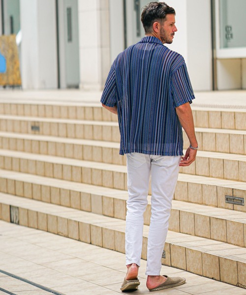 SOMEDIFF(サムディフ)の「【SOMEDIFF】メッシュストライプオープンカラー半袖シャツ メンズ レースシアー ルーズシルエット トップス オーバーサイズ 無地 春服(シャツ/ブラウス・メンズ・ブラック/ブルー/ベージュ・XL/M/L)」の4枚目の写真