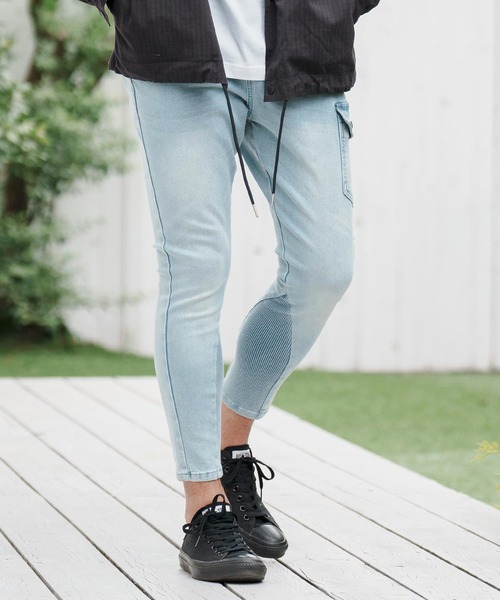 【セール】mp11256-One Side Cargo Pocket Hem Rib Denim Pants デニムパンツ（デニムパンツ）｜CAMBIO（カンビオ）