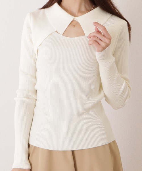 Lace Ladies(レースレディース)の「カットアウト襟付きリブニットボレロ風プルオーバー(ニット/セーター・レディース・アイボリー/ブラック/ベージュ/グレー・FREE)」の2枚目の写真